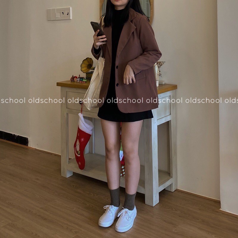 Áo blazer dáng rộng 2 lớp màu nâu phong cách retro