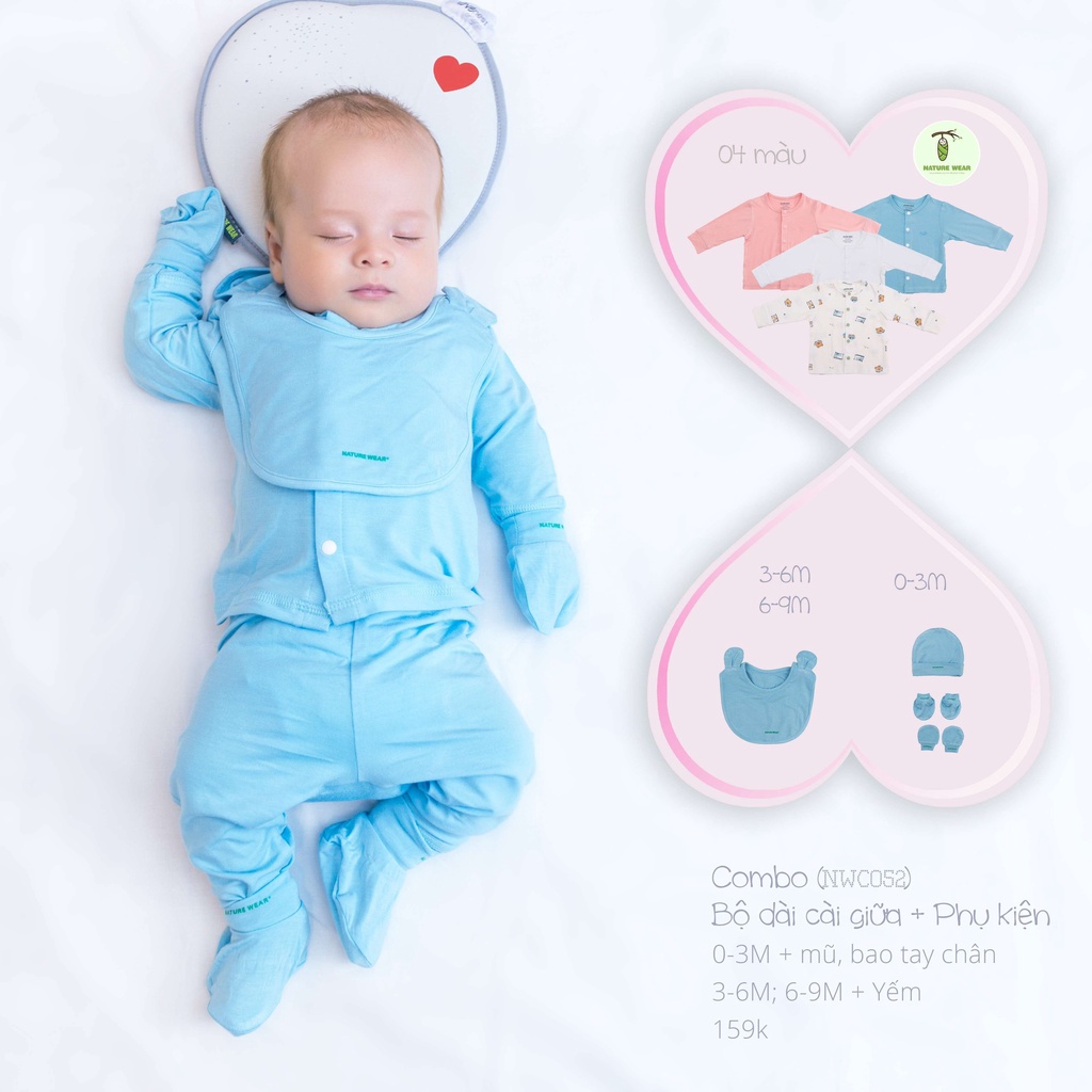 [CHÍNH HÃNG] Set bộ dài tay cài giữa sợi tre kèm phụ kiện sơ sinh Nature Wear
