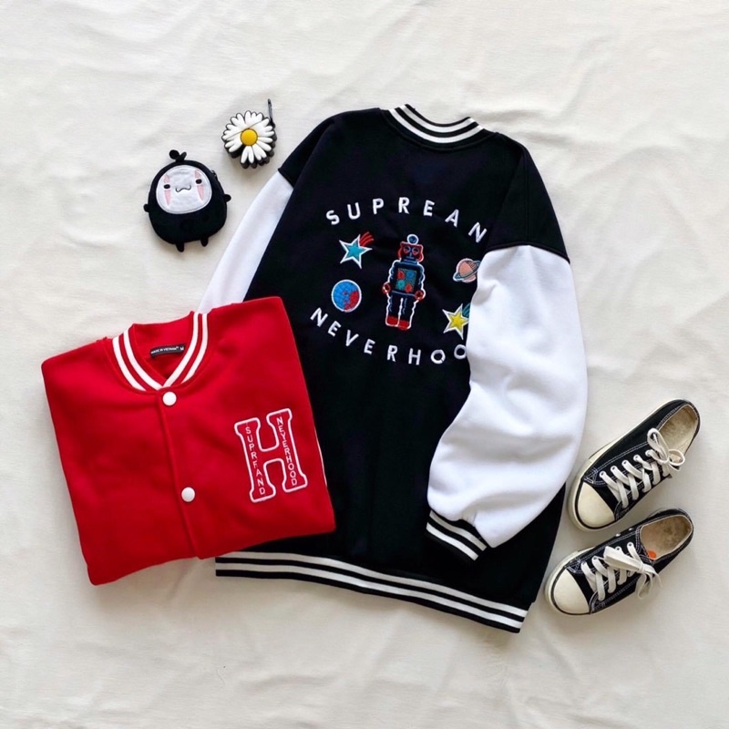 Áo Bomber Nút Bấm Nỉ Bông Unisex Thêu Vũ Trụ Ảnh Thật