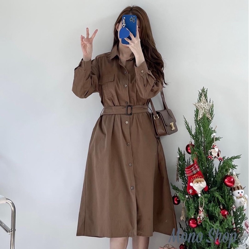 Váy sơmi trơn dáng suông dài tay kèm đai