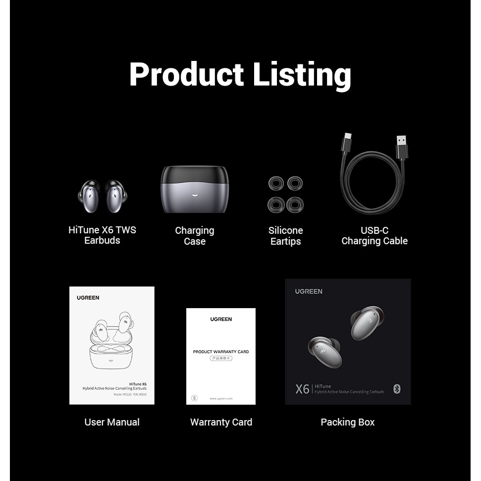 Tai nghe không dây Bluetooth UGREEN Hiune X6 TWS ANC 35dB tích hợp micro chống ồn