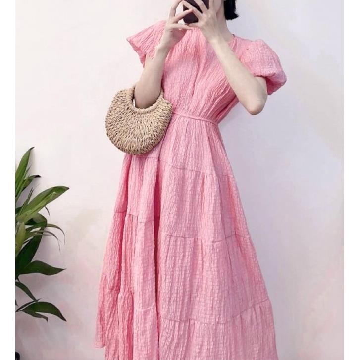 Đầm midi xô cổ tròn tay phồng chiết eo đuôi cá khúc nhiều màu