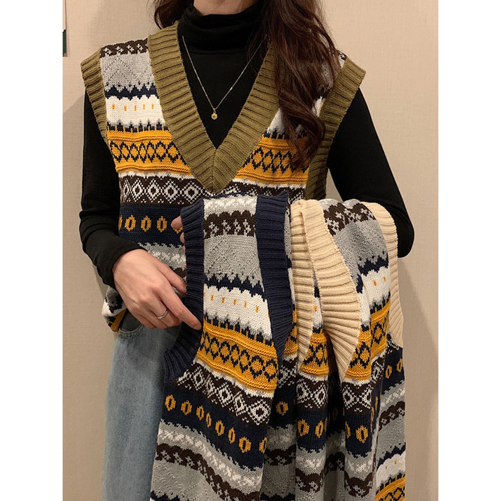 (ORDER) Áo len gile cổ V họa tiết thổ cẩm phối màu style Vintage mùa đông (CÓ_ẢNH_THẬT)