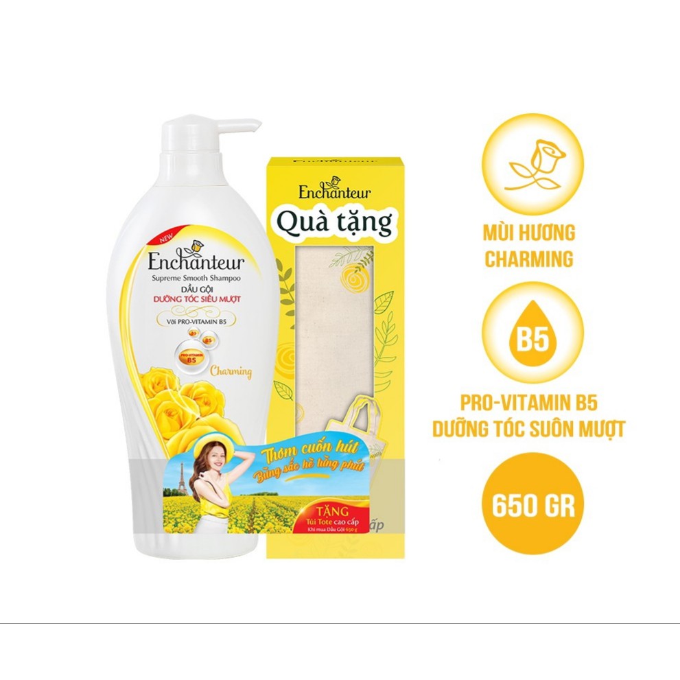 Enchanteur - Dầu gội dưỡng tóc siêu mượt 650g tặng kèm túi tole như hình(Chọn màu)