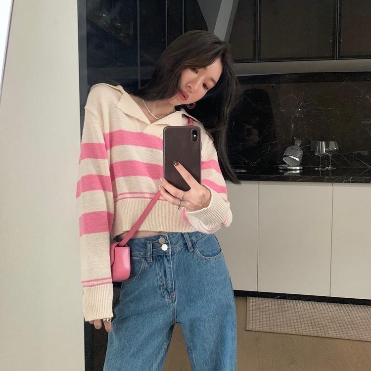 Áo kiểu ZHELIHANGFEI dệt kim cổ polo tay dài dáng ngắn rộng họa tiết kẻ sọc dễ phối đồ thời trang