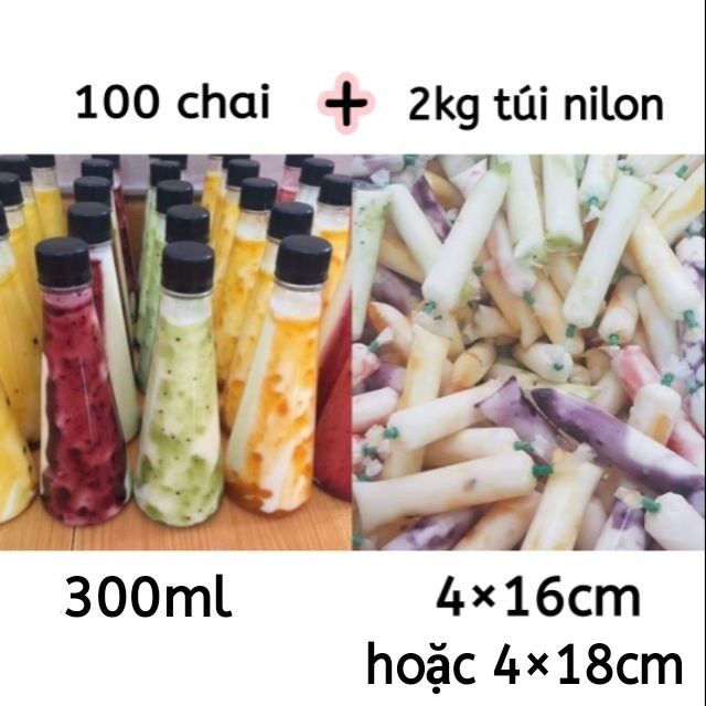 Combo 100chai Tam Giác 300ml và 2kg Túi Nilon dài 4×16cm