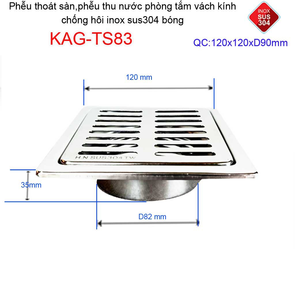 Phễu thoát sàn 12x12cm KAG-TS83(D9cm) inox 304 ga thoát sàn12x12cm cho ống 90mm, thoát sàn mặt sọc thoát nhanh chặn tóc