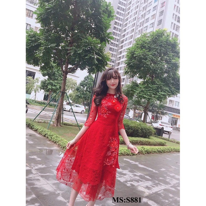 Váy áo dài cách tân ren thêu hoa GOZA S881