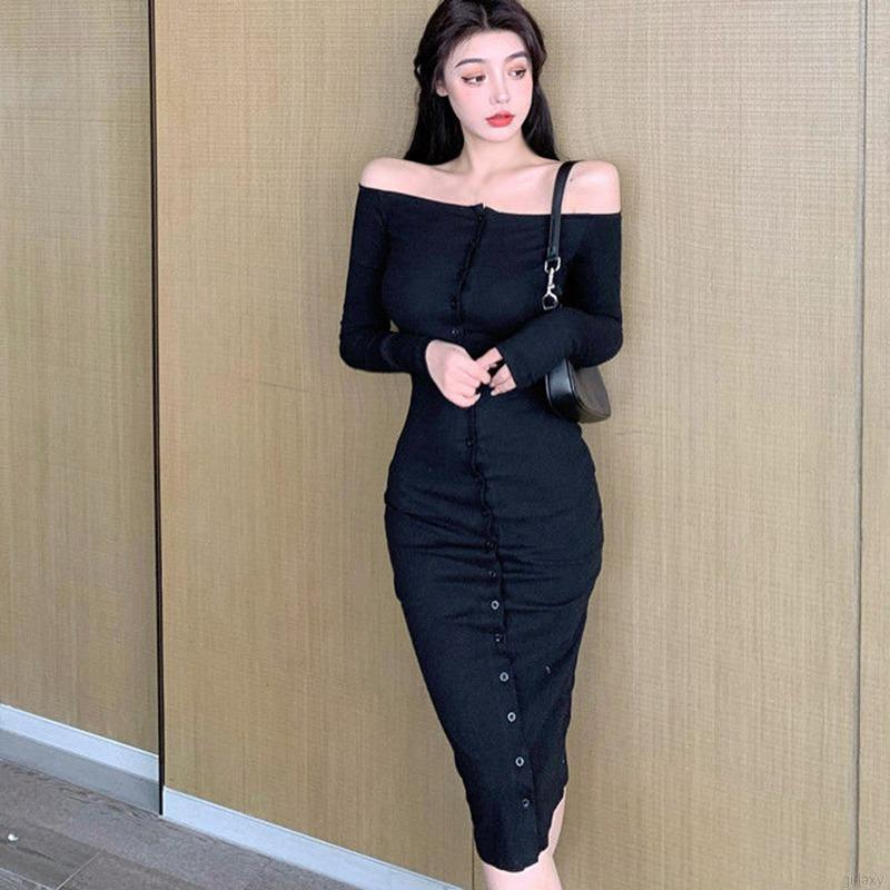 Đầm dáng dài trễ vai màu trơn thời trang Hàn Quốc gợi cảm cho nữ