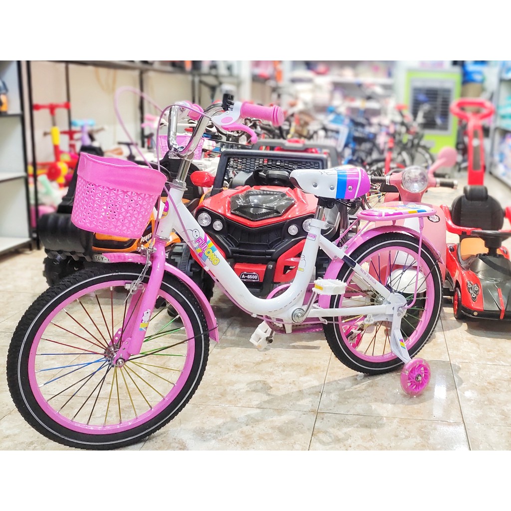 Xe đạp bé gái cao cấp bánh hơi chính hãng Fulong màu hồng họa tiết xinh xắn