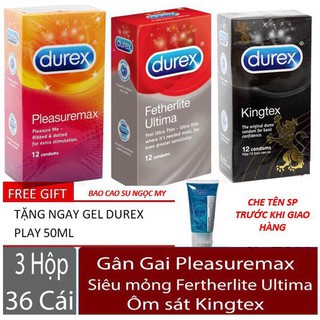 Combo 3 hộp bao cao su Durex(tùy chọn) tặng 1 gel BÔI TRƠN ÂM ĐẠO PLAY 50G