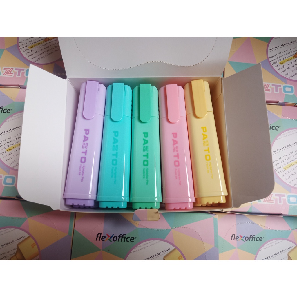 Combo 5 Bút dạ quang màu Pastel Thiên Long Flexoffice Pazto FO-HL009/VN - Bút rửa được - Không để lại vết khi Photocopy