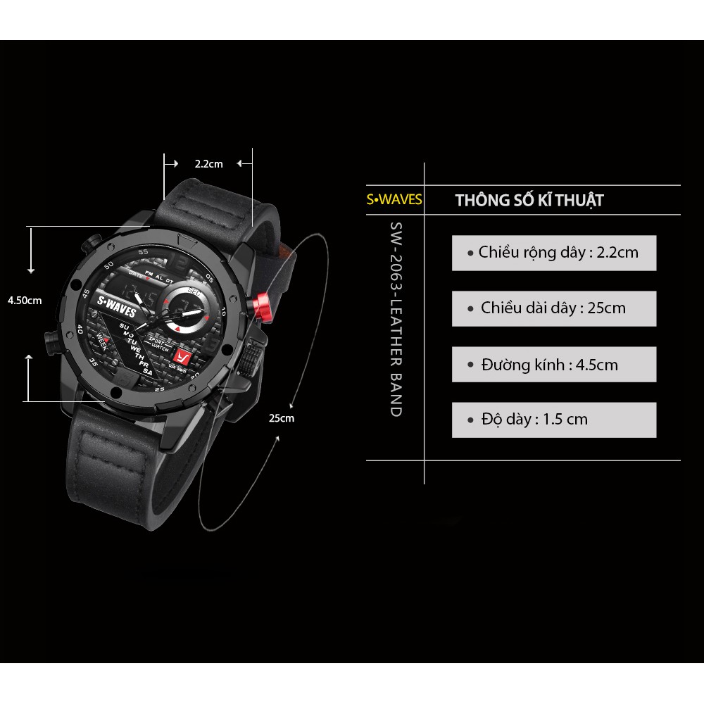 Đồng Hồ Nam Swave Thể Thao Nam Tính, Hiển Thị 2 Mặt Kim Điện Tử Song Song, Dây Da Mặt Kính Sapphire Cao Cấp | BigBuy360 - bigbuy360.vn