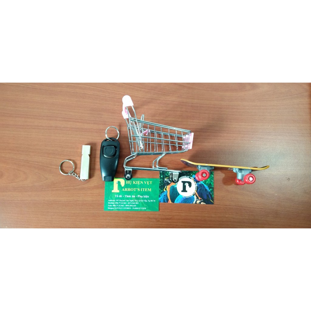 4 MÓN ĐỒ HUẤN LUYỆN CHO CHIM, VẸT (CLICKER+CÒI KÉP+XE ĐẨY+VÁN TRƯỢT LỚN)