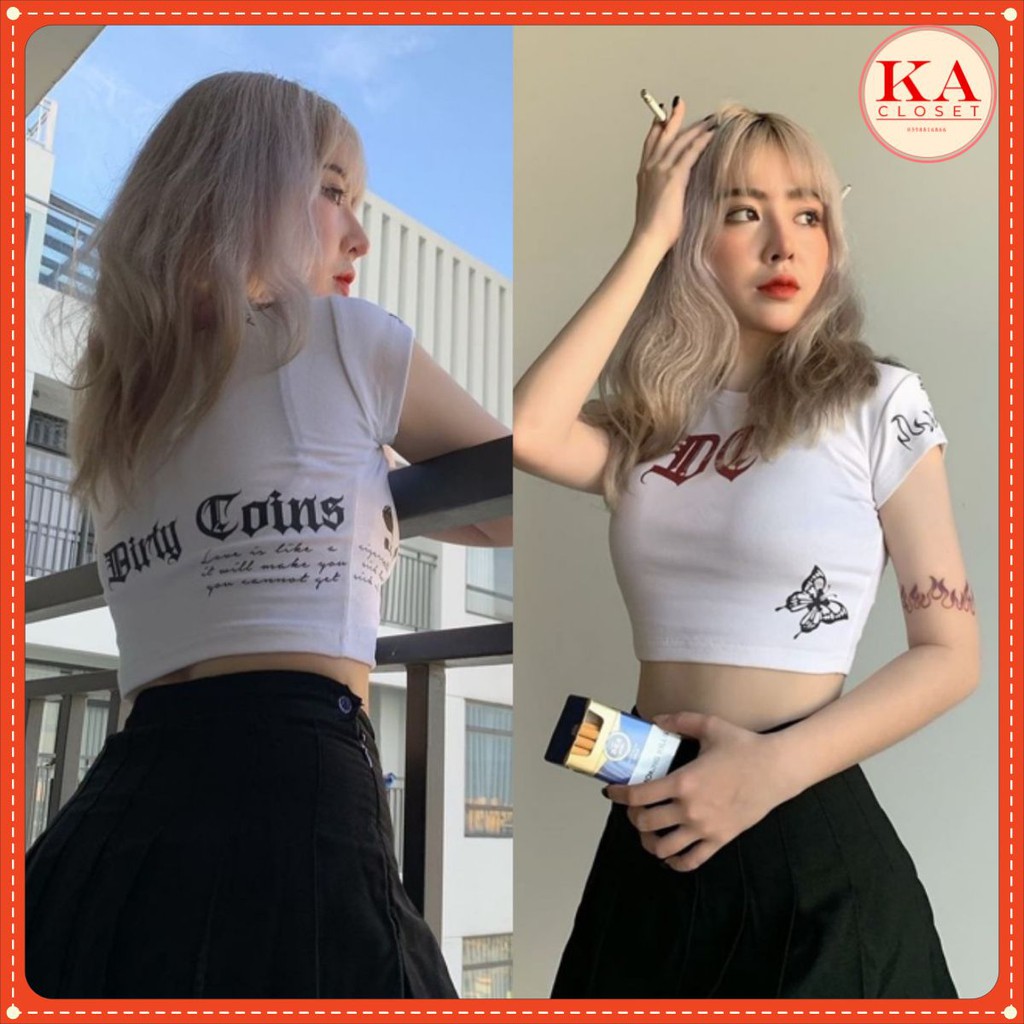 Áo croptop in full KA Closet chất bozip cotton co dãn tốt mặt mịn, không xù, màu trắng hình in độc lạ