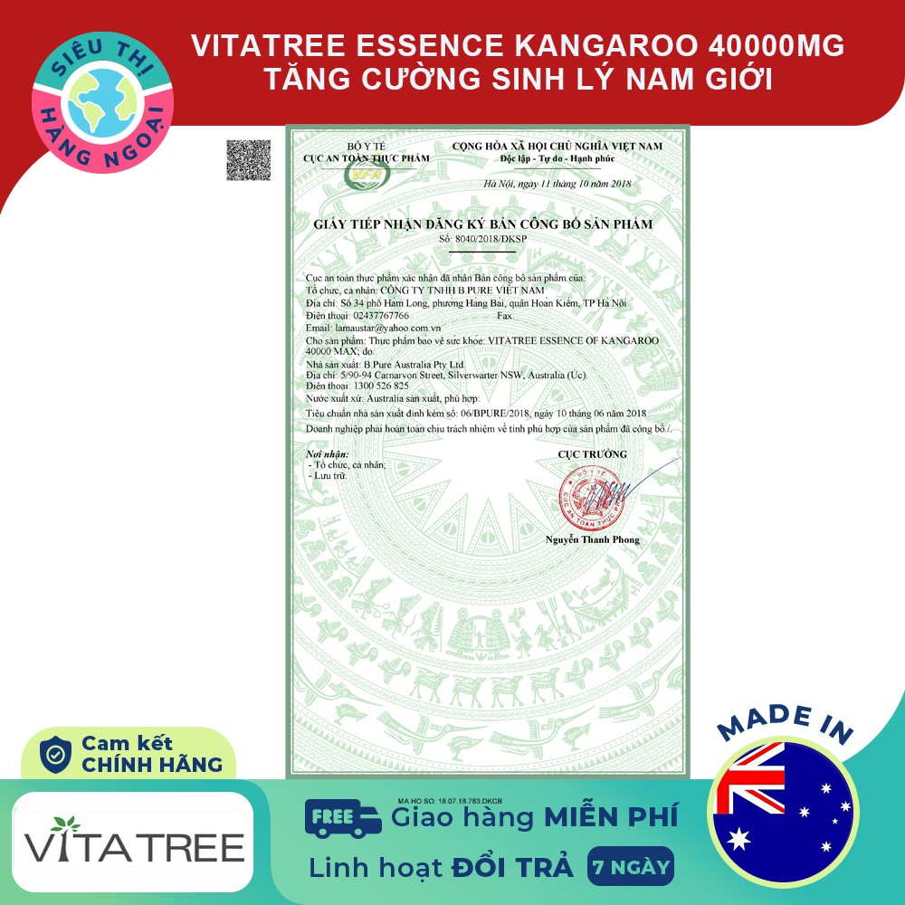 Tăng cường sinh lý nam giới Vitatree Essence Of Kangaroo 40000 Max Hộp 100 viên Australia