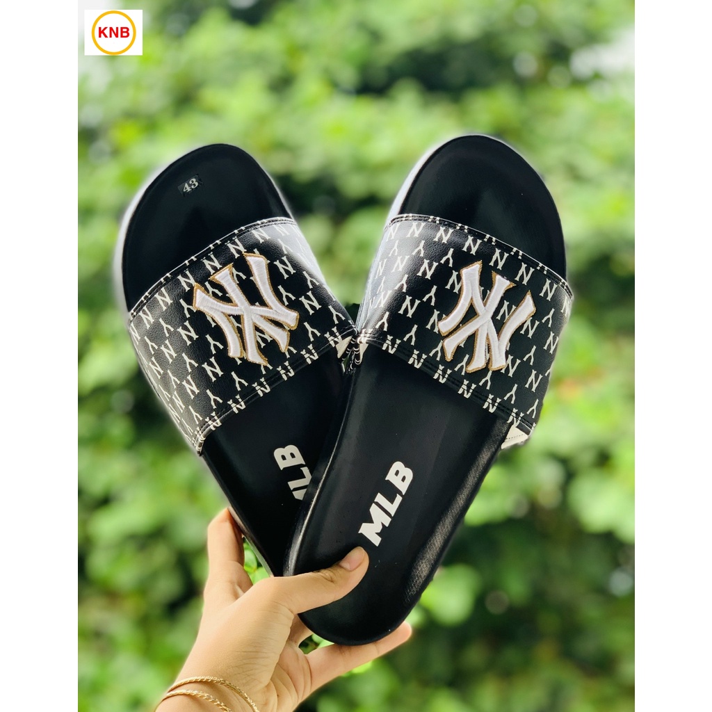 Dép 𝐌𝐋𝐁 UNISEX mẫu dép thể thao ❤️ Freeship + Hộp ❤️ Dép NY bóng chày quai ngang nam nữ chữ thêu nỗi kèm mác full đen