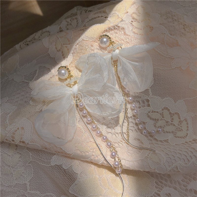 Đôi Bông Tai Dáng Dài Đính Nơ Và Ngọc Trai Giả Dễ Thương Cho Nữ