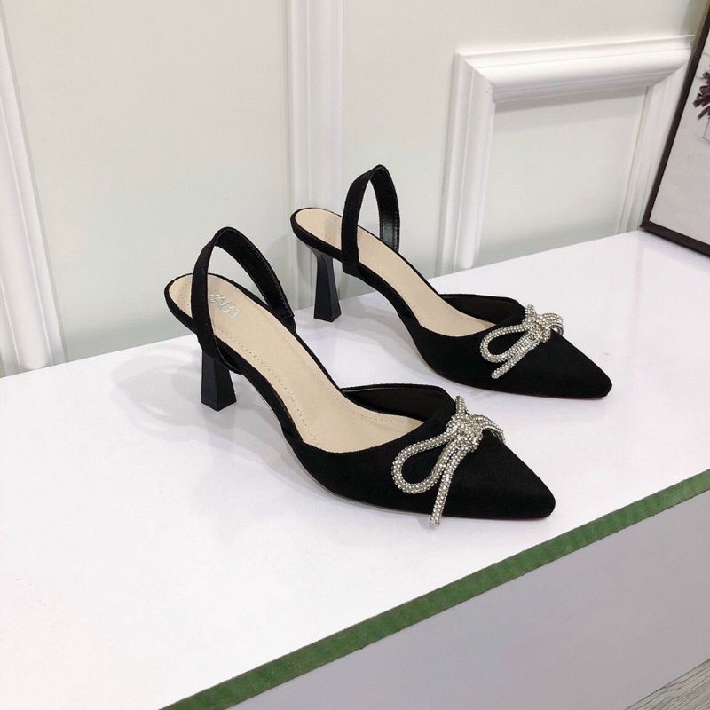 Giày Sandal Nữ Gót 7 Phân Bít Mũi Nhọn Quai Đính Nơ Xoàn Đá Pha Lê. Giày Cao Gót Đế Vuông Đính Đá Nữ