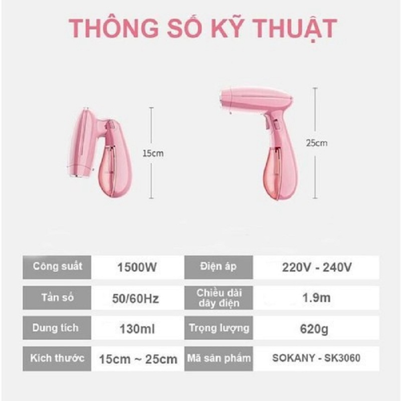 Bàn Là Hơi Nước Cầm tay Gấp Gọn SOKANY SK-3060 Màu Hồng Xinh Xắn