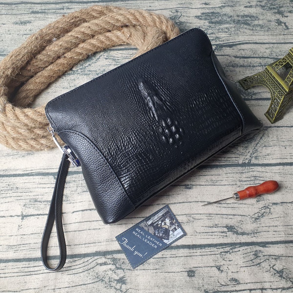 Clutch nam da bò thật phối da vân cá sấu có khóa số CL143LEA  - 100% da thật, BH 3 năm