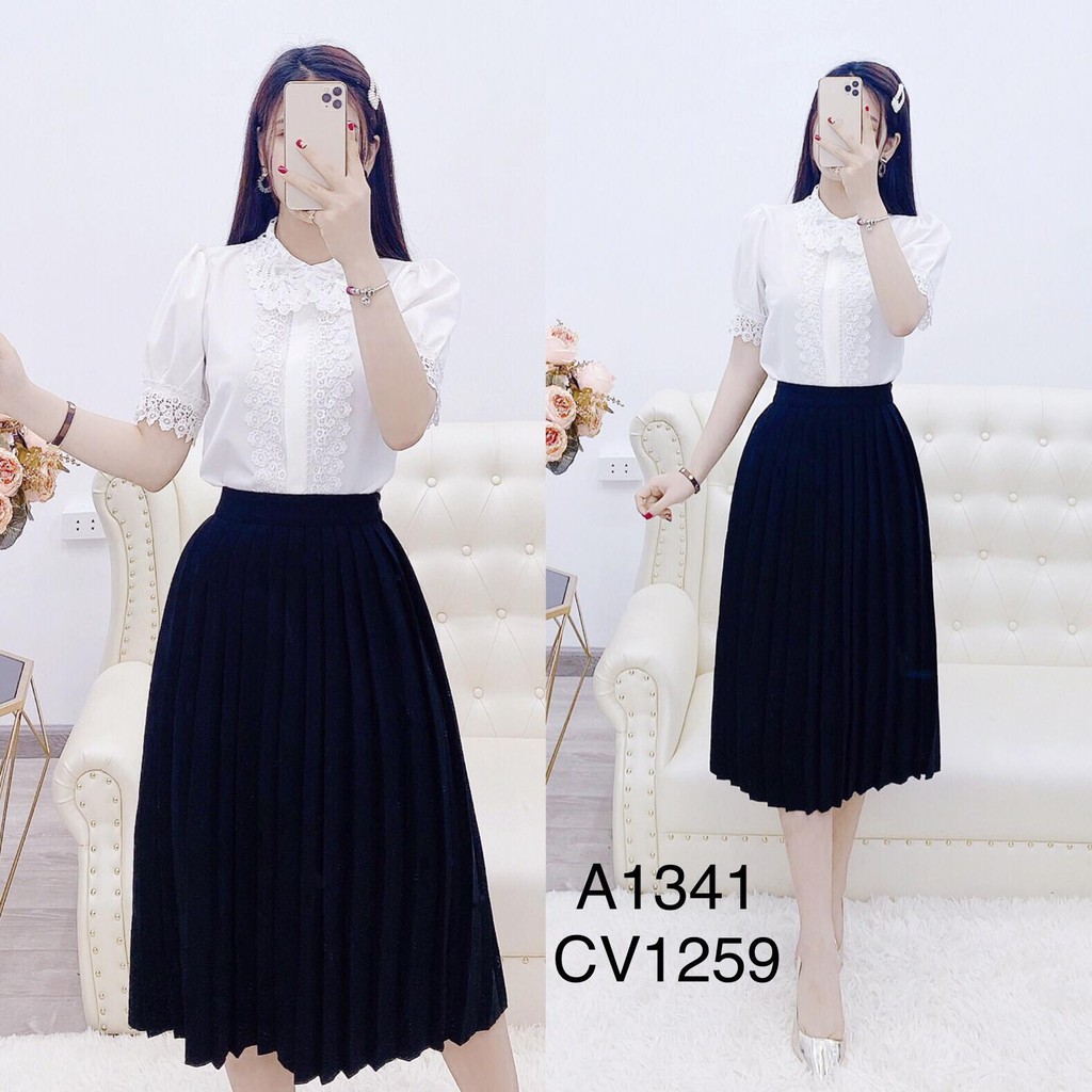 Sét Áo sơ mi trắng phối ren chân váy đen S1341 - Thời trang thiết kế cao cấp (Kèm ảnh thật trải sàn do shop tự chụp)