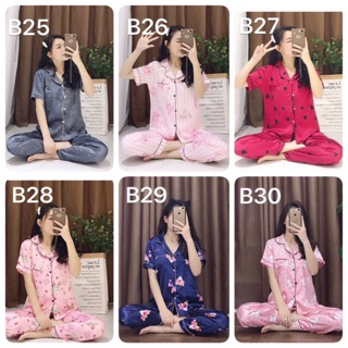 [Xả hàng] Bộ lụa/ pijama hoạ tiết áo cộc - quần dài