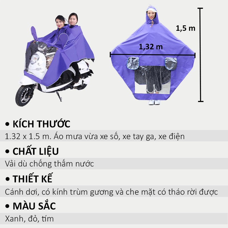 Áo Mưa 1 Người, 2 Người Đầu Có Kính Chắn Nước Che Mặt Trùm Gương Cánh Dơi Cao Cấp Thời Trang Phản Quang Chống Thấm