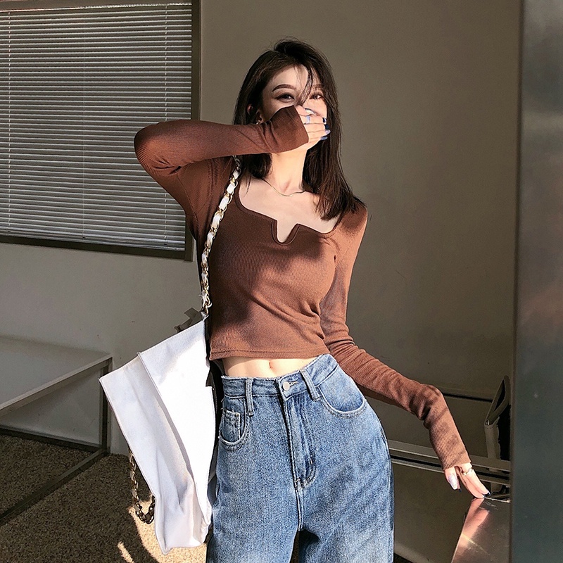 Cocory vn Áo thun croptop tay dài ôm dáng 4 màu tùy chọn phong cách thời trang cho nữ