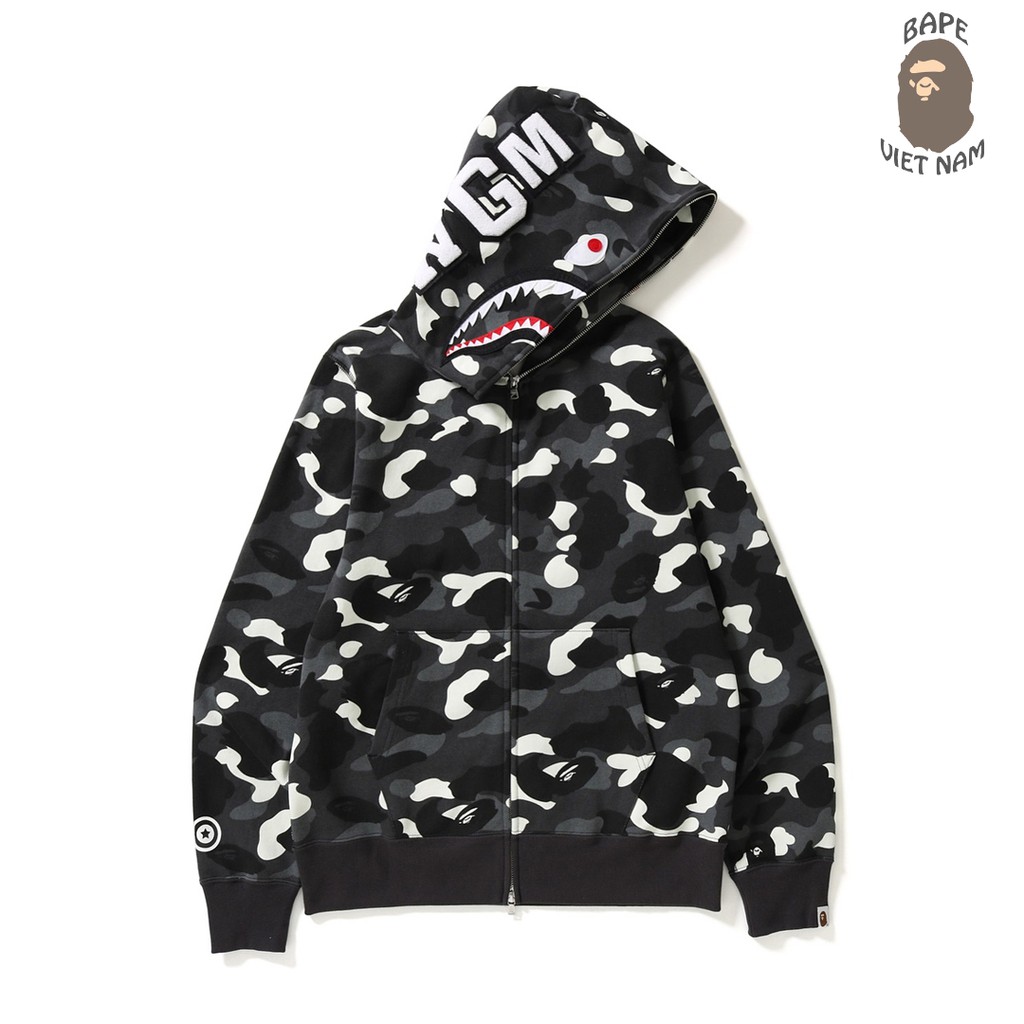 Jacket Bape Shark fullzip Camo Black, Camo White Phát quang trong tối , Áo Hoodie Bape Cá Ngáo