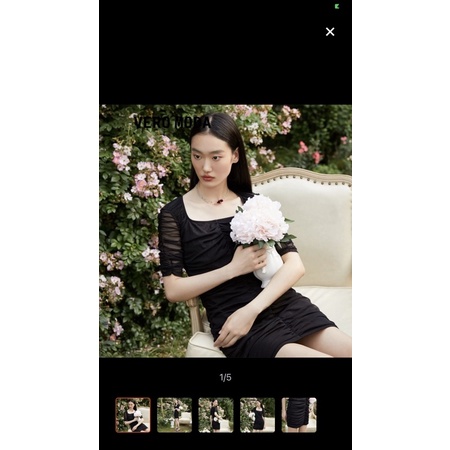 Veromoda đầm cổ vuông mini xếp nếp eo đen size S