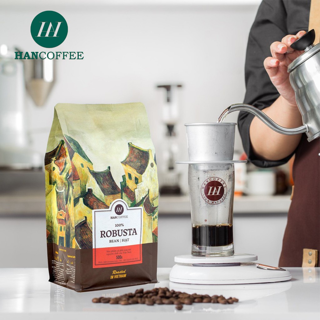 Cà Phê Phin Robusta HANCOFFEE Rang Xay Nguyên Chất Đậm Đắng Hậu Vị Ngọt Sâu 500g (Hạt/Bột) HN100RBH4