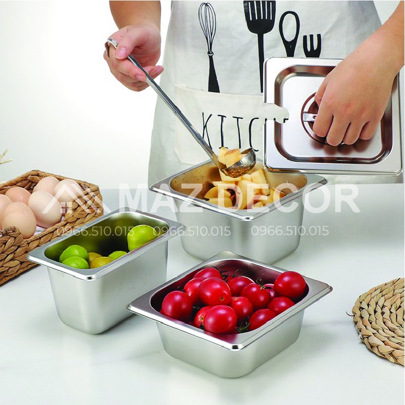 GIÁ SỈ TẠI XƯỞNG Khay vuông chữ nhật Đựng Topping chè trân châu thạch Inox (Có Nắp)