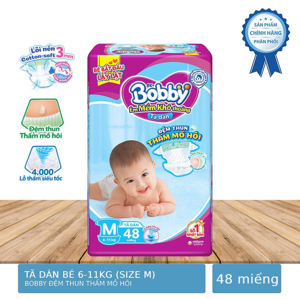 Bịch 48 Miếng Tã Dán Bobby Đệm Thun Thấm Mồ Hôi Bé 6-11kg (Size M)
