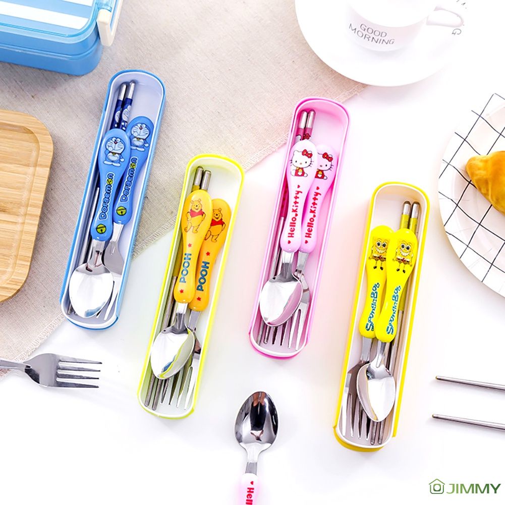 Trẻ em phim hoạt hình của thép không gỉ dao kéo Ba-Mảnh Bộ muỗng nĩa đũa trẻ em của dao kéo thiết lập với hộp xách tay dao kéo