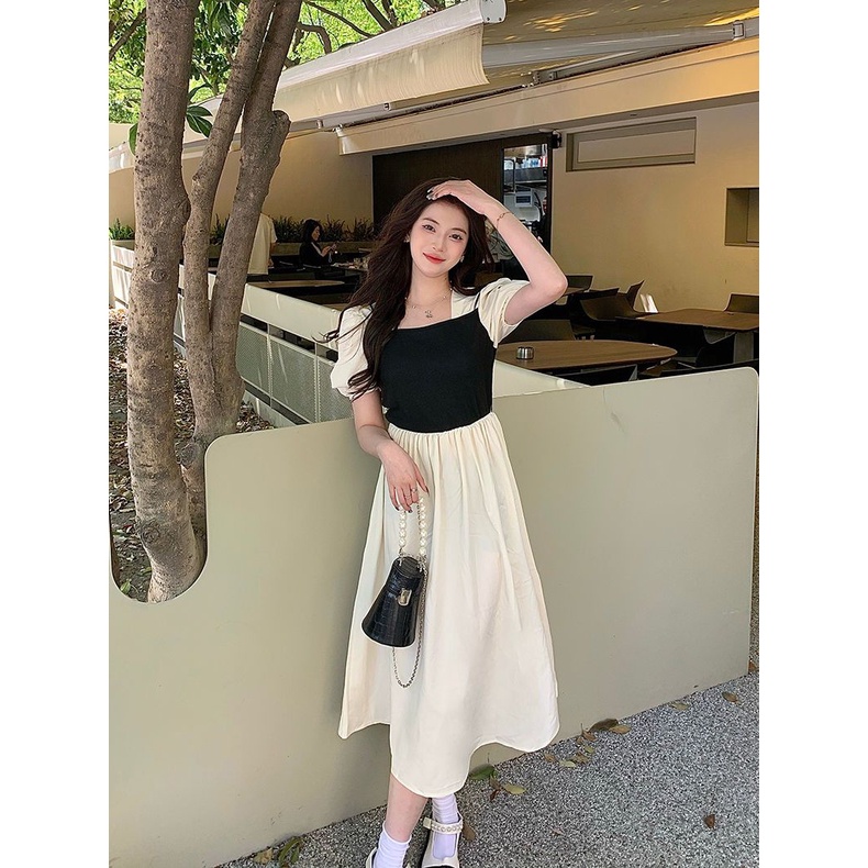 Set Áo Tay Phồng Cổ Vuông + Chân Váy Chữ A Lưng Cao Thời Trang Nữ retro