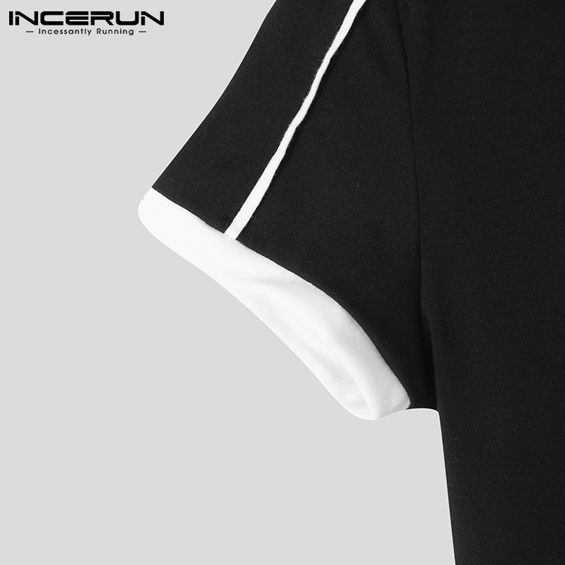 Áo thun INCERUN tay ngắn dáng ôm màu sắc tương phản thời trang dành cho nam