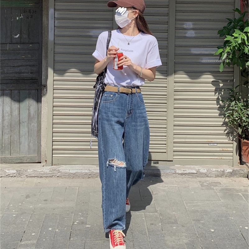 Quần Jean Lưng Cao Form Rộng Thiết Kế Xẻ Rách Cá Tính