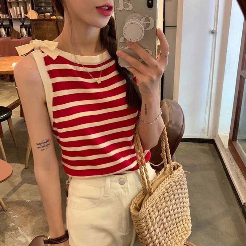 Áo Dệt Kim Sát Nách Kẻ Sọc Đính Nơ Thời Trang Mùa Hè Cho Nữ