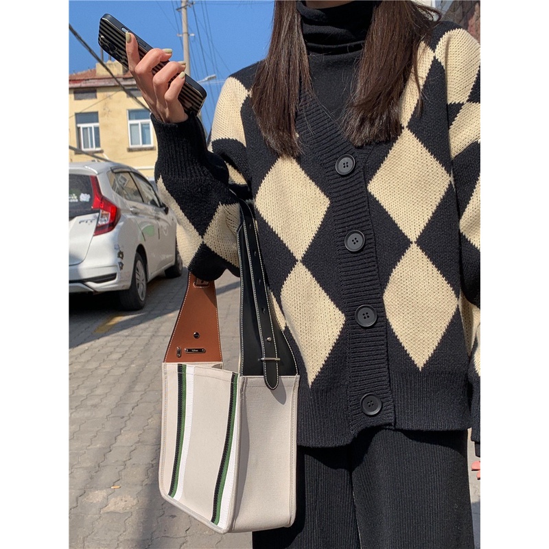 Cardigan Hình Thoi | Áo Khoác Len Dệt Kim Retro Dáng Rộng Họa Tiết Hình Thoi, Áo Cardigan Nam Nữ 2022 Len Dày