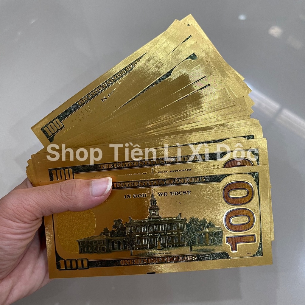 Sỉ 100 Tờ Lá Vàng Tiền 100 Usd Plastic Mạ Vàng, Lì Xì Tết, Phát Lộc Phong Thuỷ May Mắn