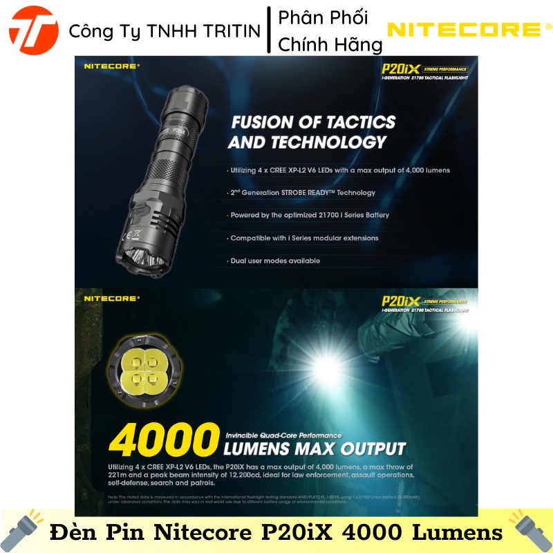 Đèn Pin Chiến Thuật Nitecore P20iX, 4000 Lumens, Tầm Chiếu 221m, Pin Li-ion 21700, 116g | TRITINCO