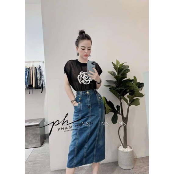 Chân váy jeans dài đính chữ x hàng QCL1