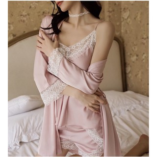 Set đồ ngủ lụa 4 món viền ren thêu hàng cao cấp