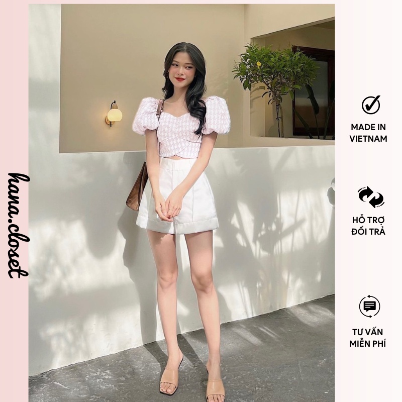 Set áo croptop trễ vai kèm quần short trắng đồ bộ đi chơi dạo phố phong cách hàn quốc