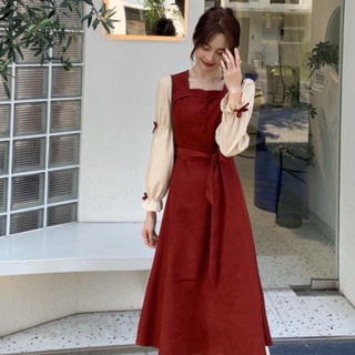 Đầm midi tay phồng thắt nơ phong cách Pháp cổ điển thời trang mùa thu 2021 cho nữ