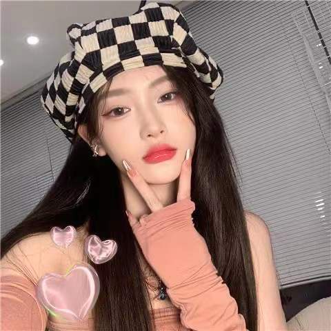 Mũ nồi phối sọc caro phong cách vintage Hàn Quốc