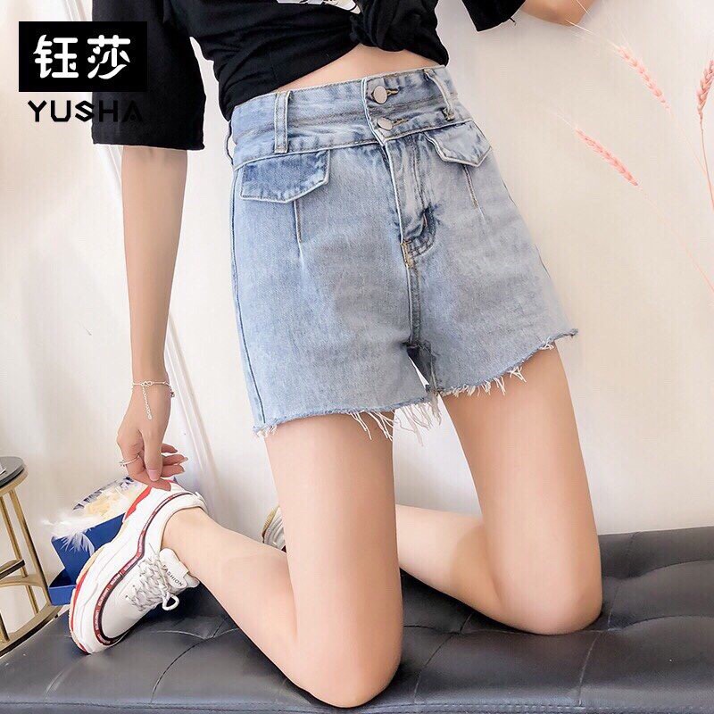 Quần short jean cạp cao nắp túi