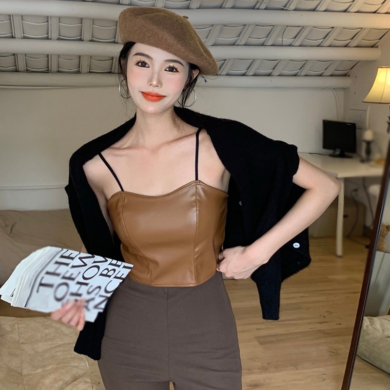 Áo Croptop Áo Tank Top Nữ Sát Nách Chất Da PU Thiết Kế Màu Trơn Thanh Lịch