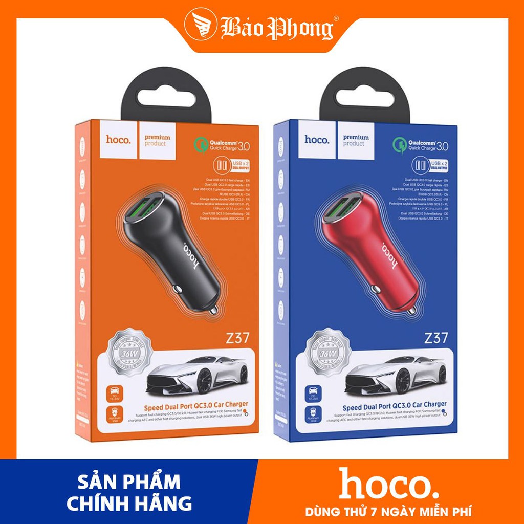 Bộ sạc xe hơi Hoco Z37 - Cổng đôi QC3.0 Dành cho điện thoại iP Huawei Samsung Oppo Realme